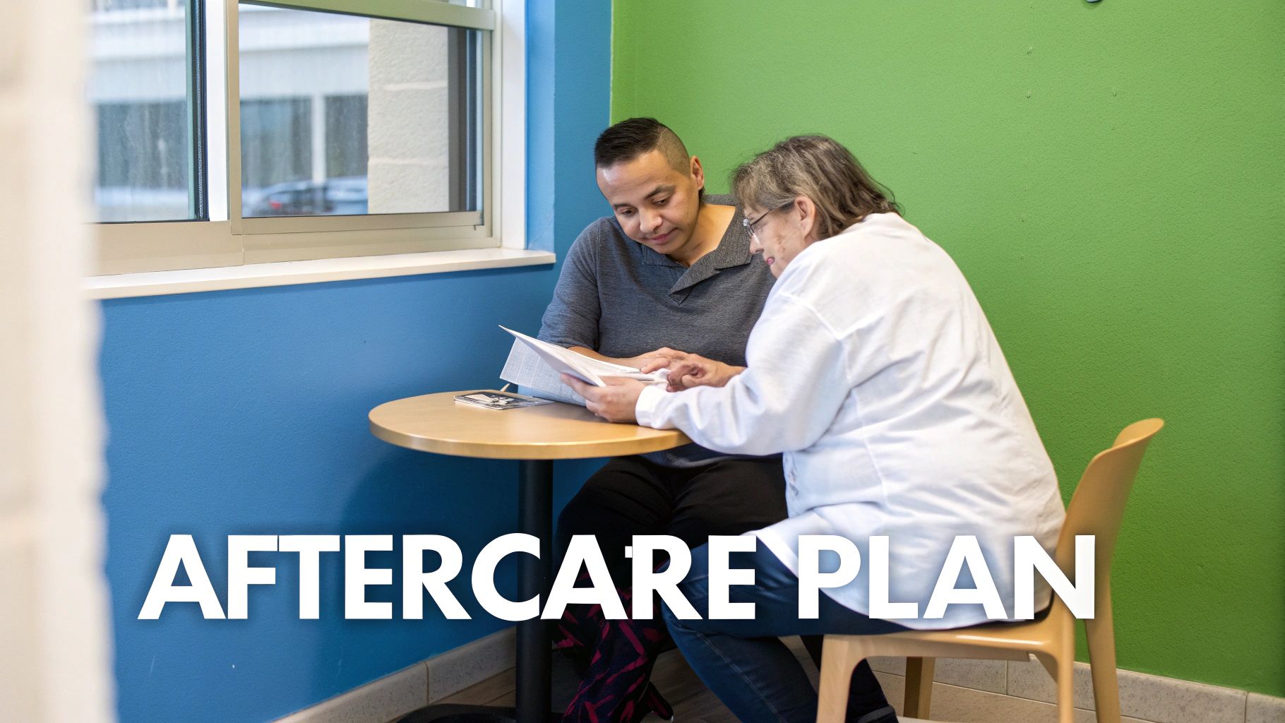 Two people sit at a table reviewing paperwork, with one person pointing to a detail in a supportive manner.