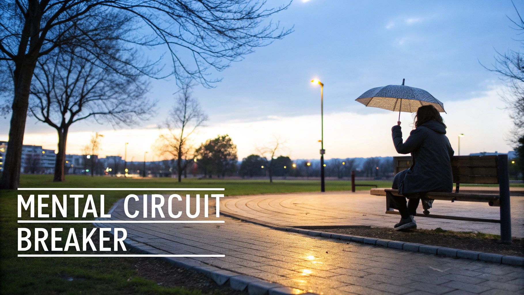A person sits on a park bench holding an umbrella, looking at the sunset.