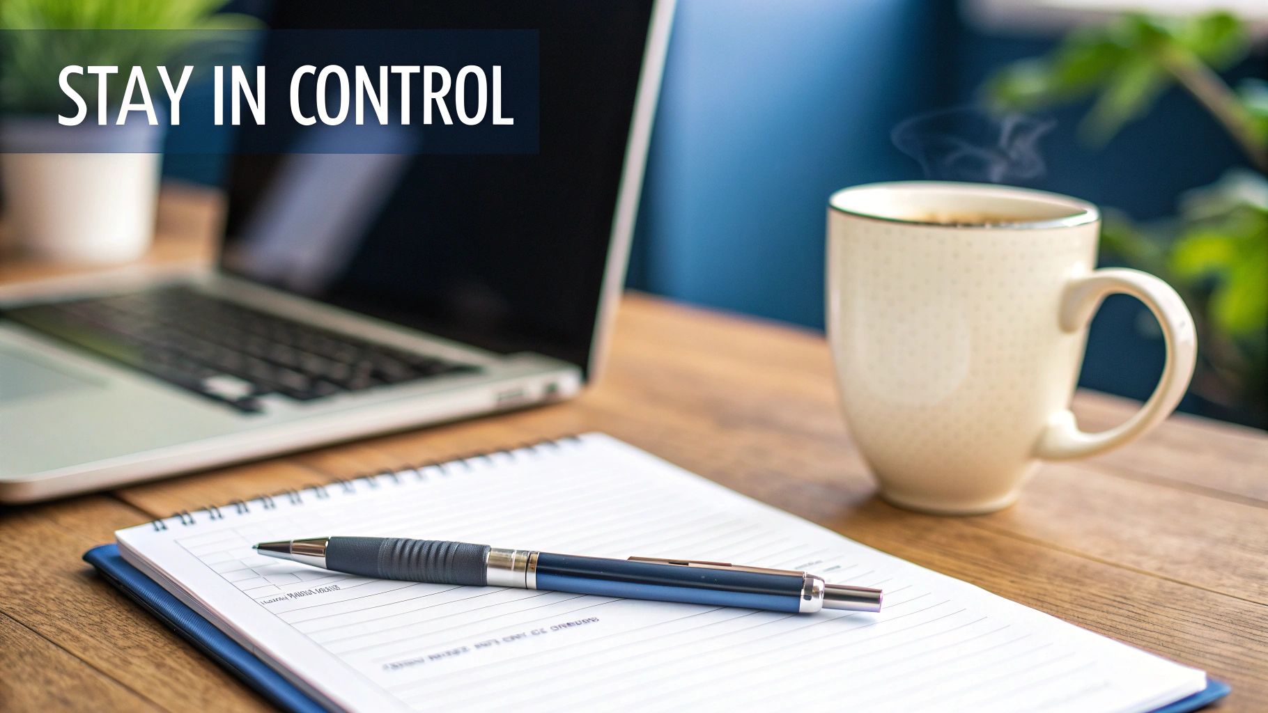 Organized workspace with laptop, notebook, pen and coffee mug promoting productivity and self-control