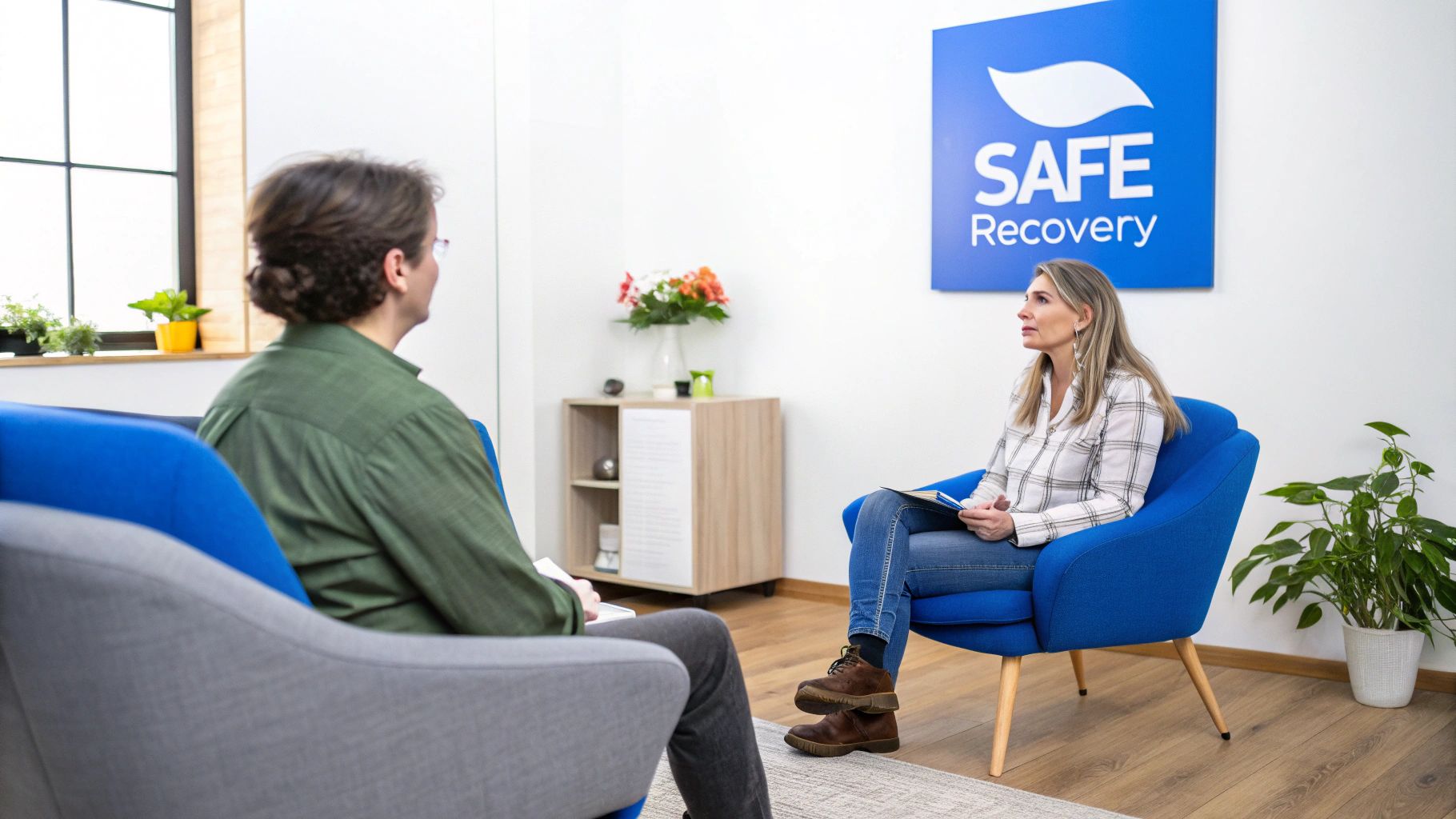 A supportive group therapy session in a bright, comfortable room.