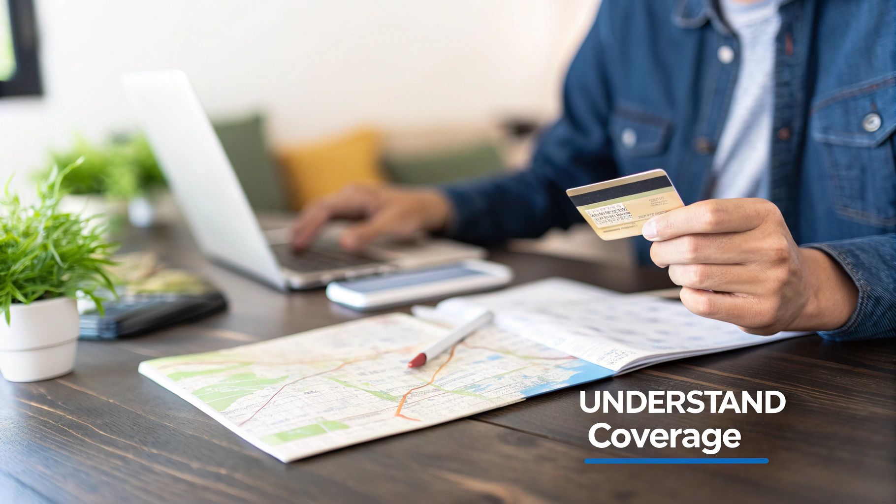 A person holds a credit card while typing on a laptop, with a map and plant on a wooden desk.