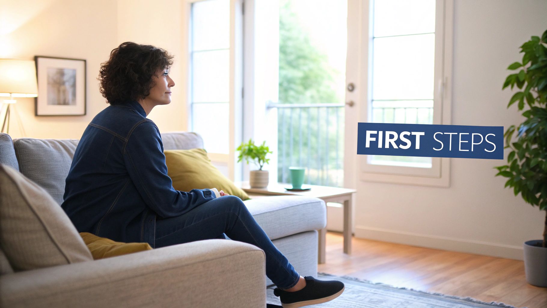 A woman with curly hair sits on a sofa in a bright living room, looking out a window with "FIRST STEPS" overlay.