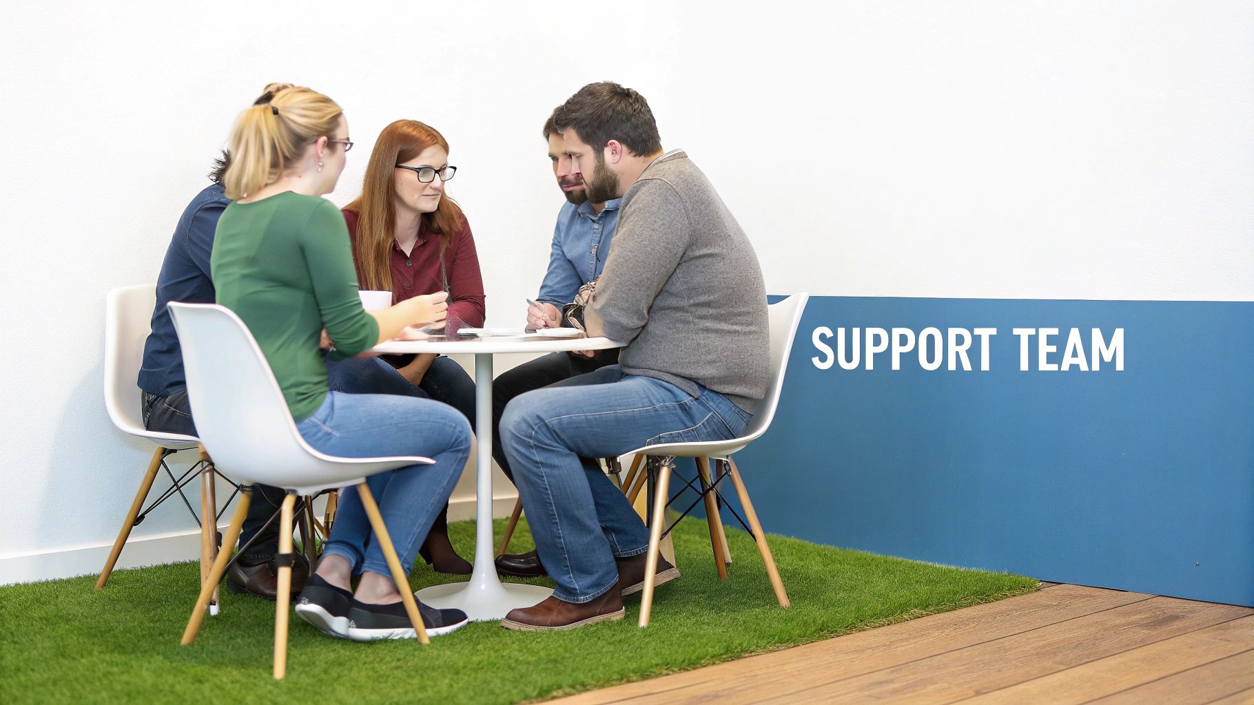 Four diverse people collaborating around a table in a bright, modern office.