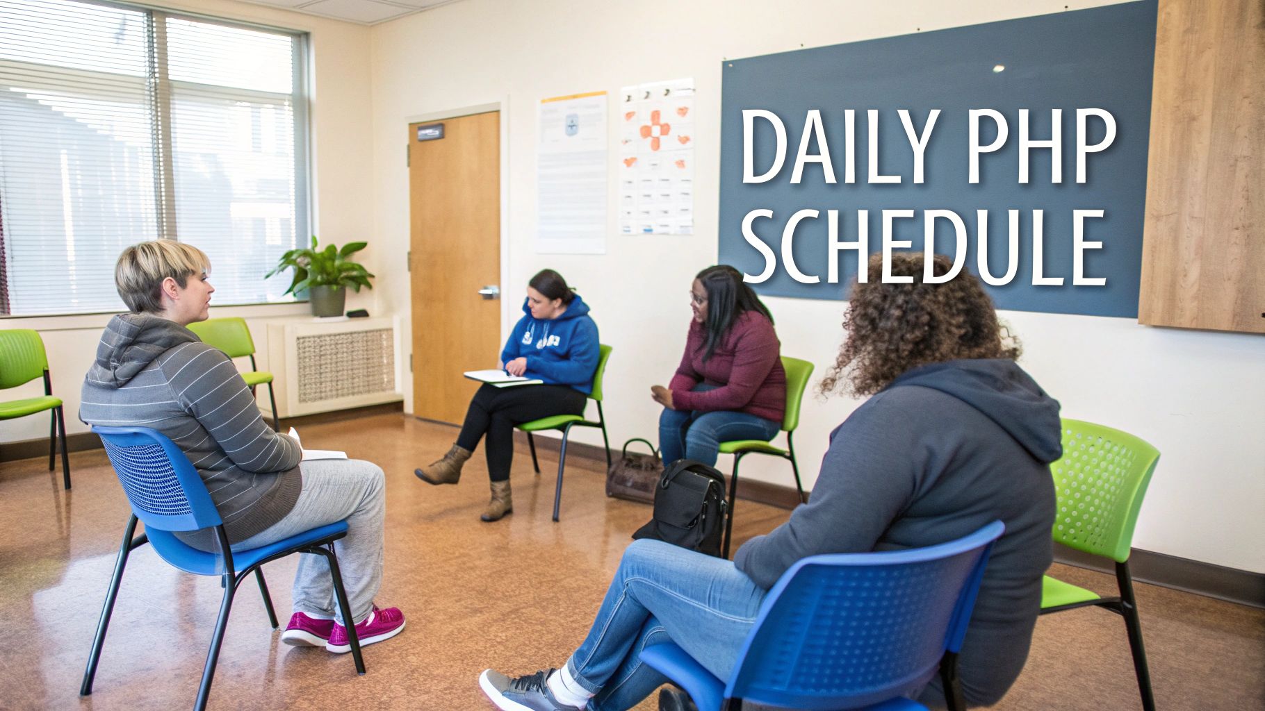 Four people attend a group therapy session in a room with a 'Daily PHP Schedule' sign.