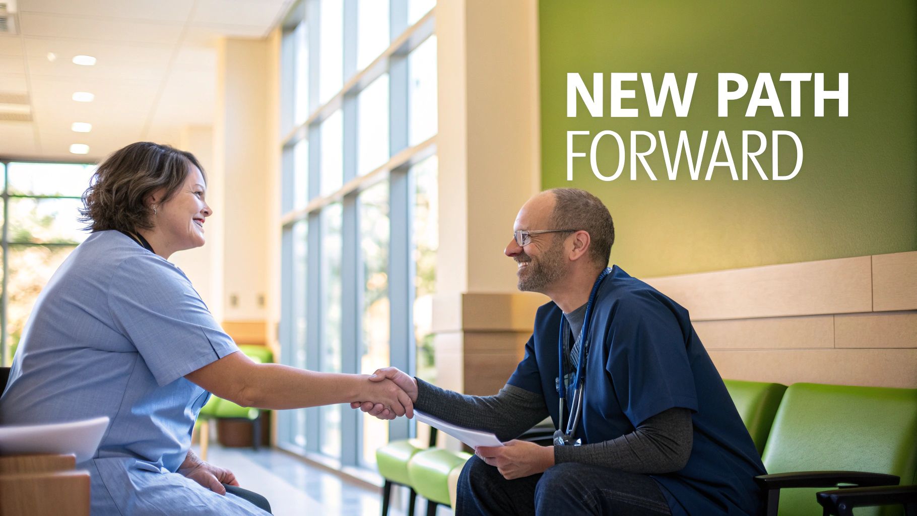 Two smiling healthcare professionals, a man and a woman, shake hands in a bright modern clinic.