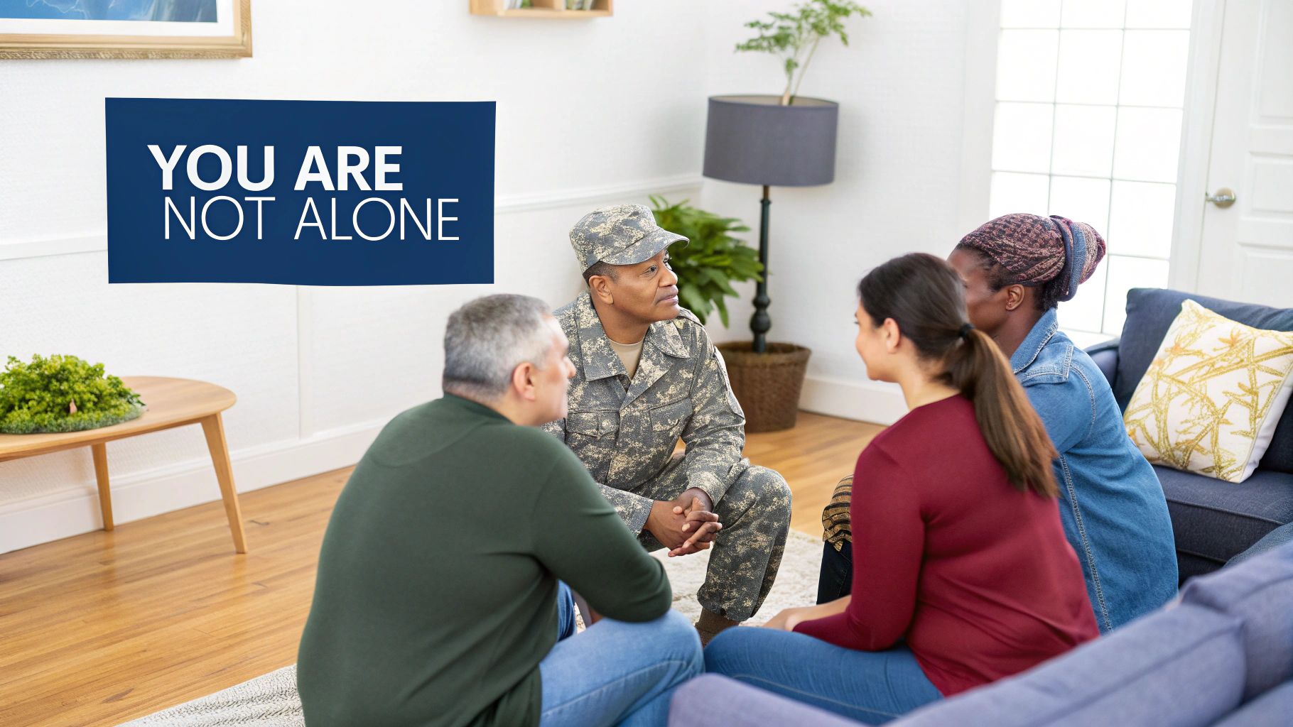 A diverse group of adults, including a veteran, sits in a circle, receiving support.