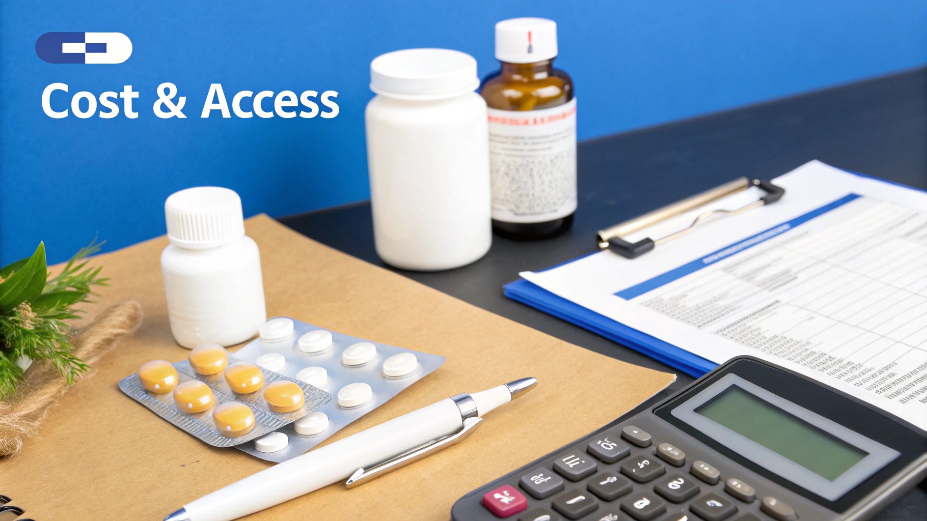 A pharmacy counter with medication bottles, representing the cost and insurance aspects of Suboxone and Subutex.