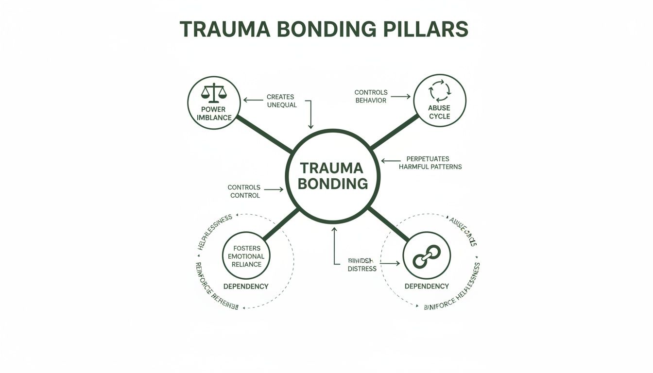 A detailed diagram explaining the interconnected pillars of trauma bonding and its perpetuating factors.