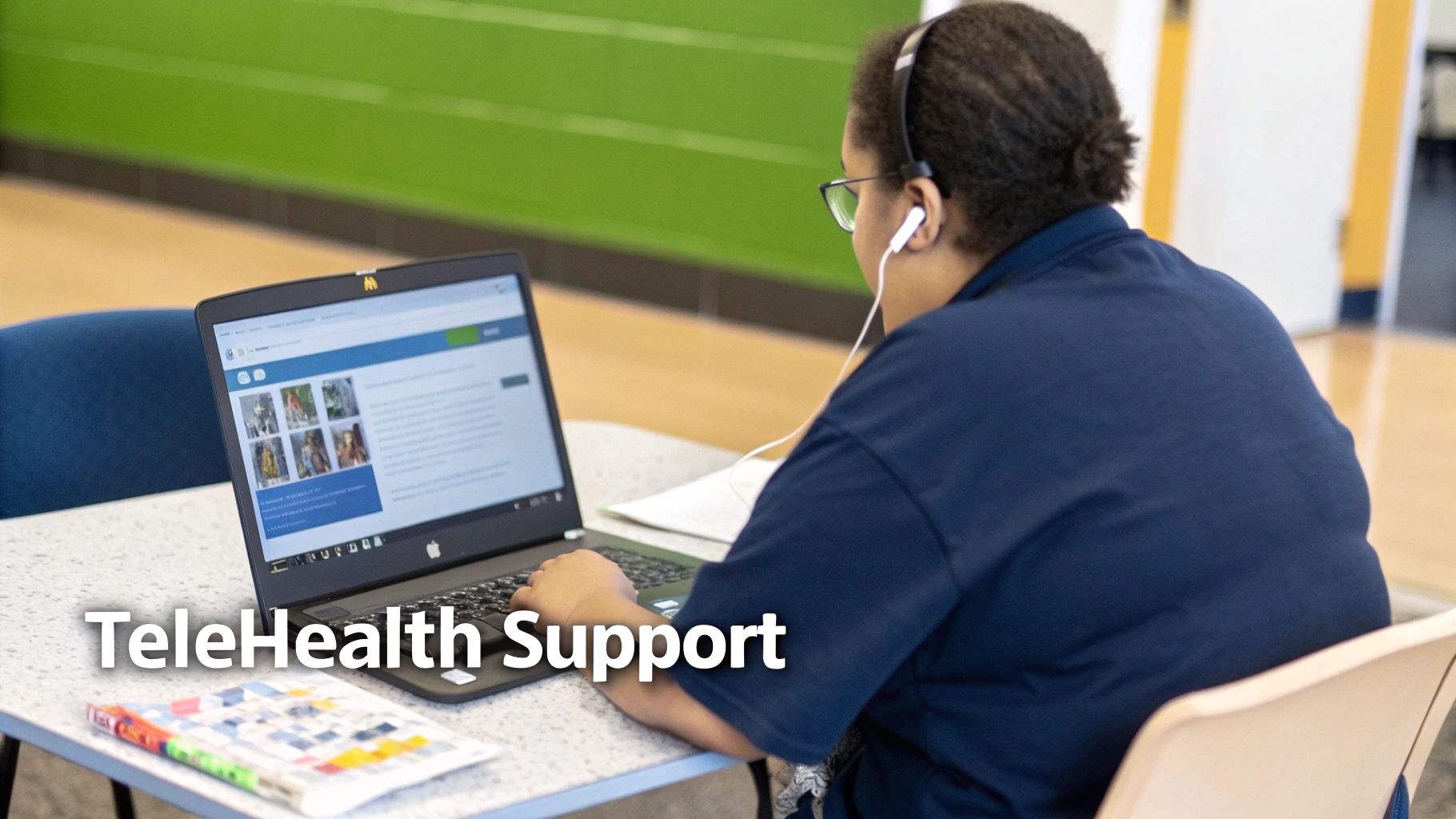 A person with headphones and glasses uses a laptop for telehealth support.