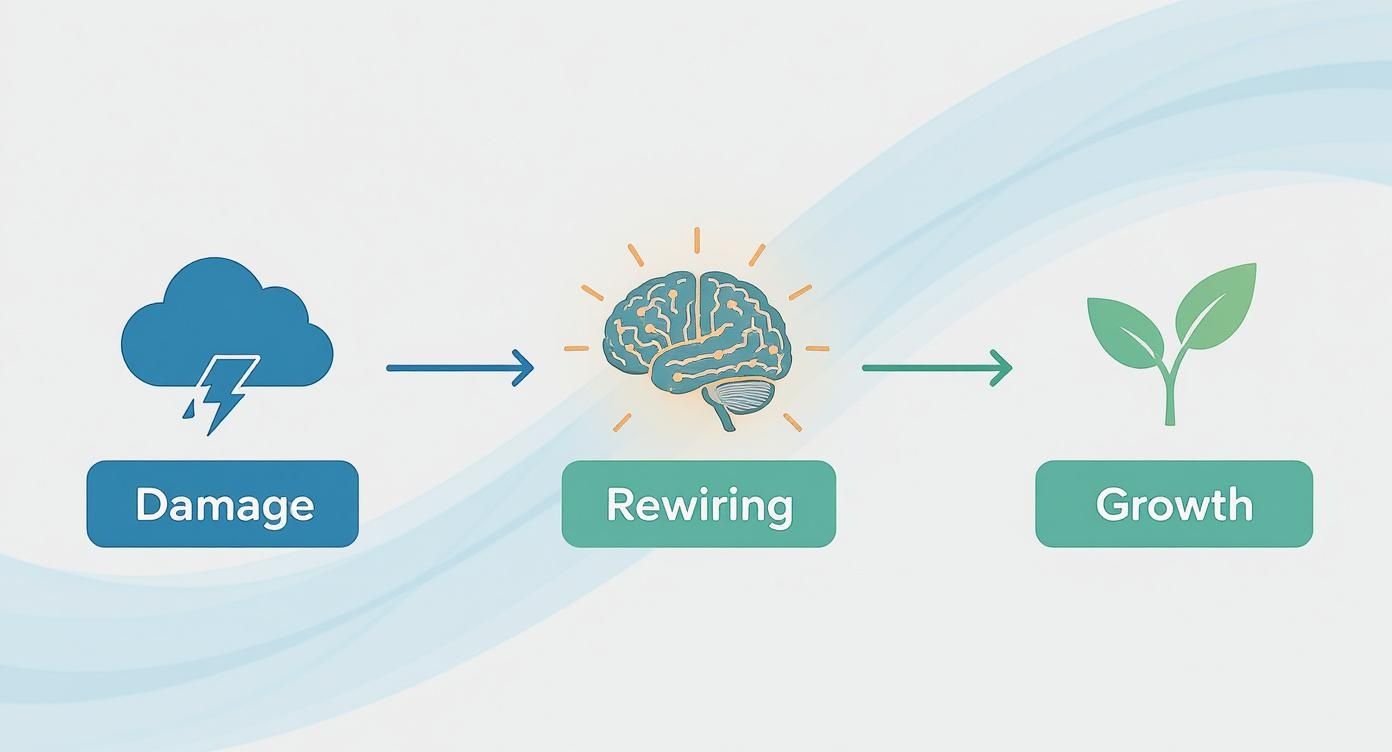 An illustrative medical diagram showing the human brain's progression through stages of neuroplasticity: from initial damage, through a period of rewiring and creating new connections, to a final stage of healthy growth.