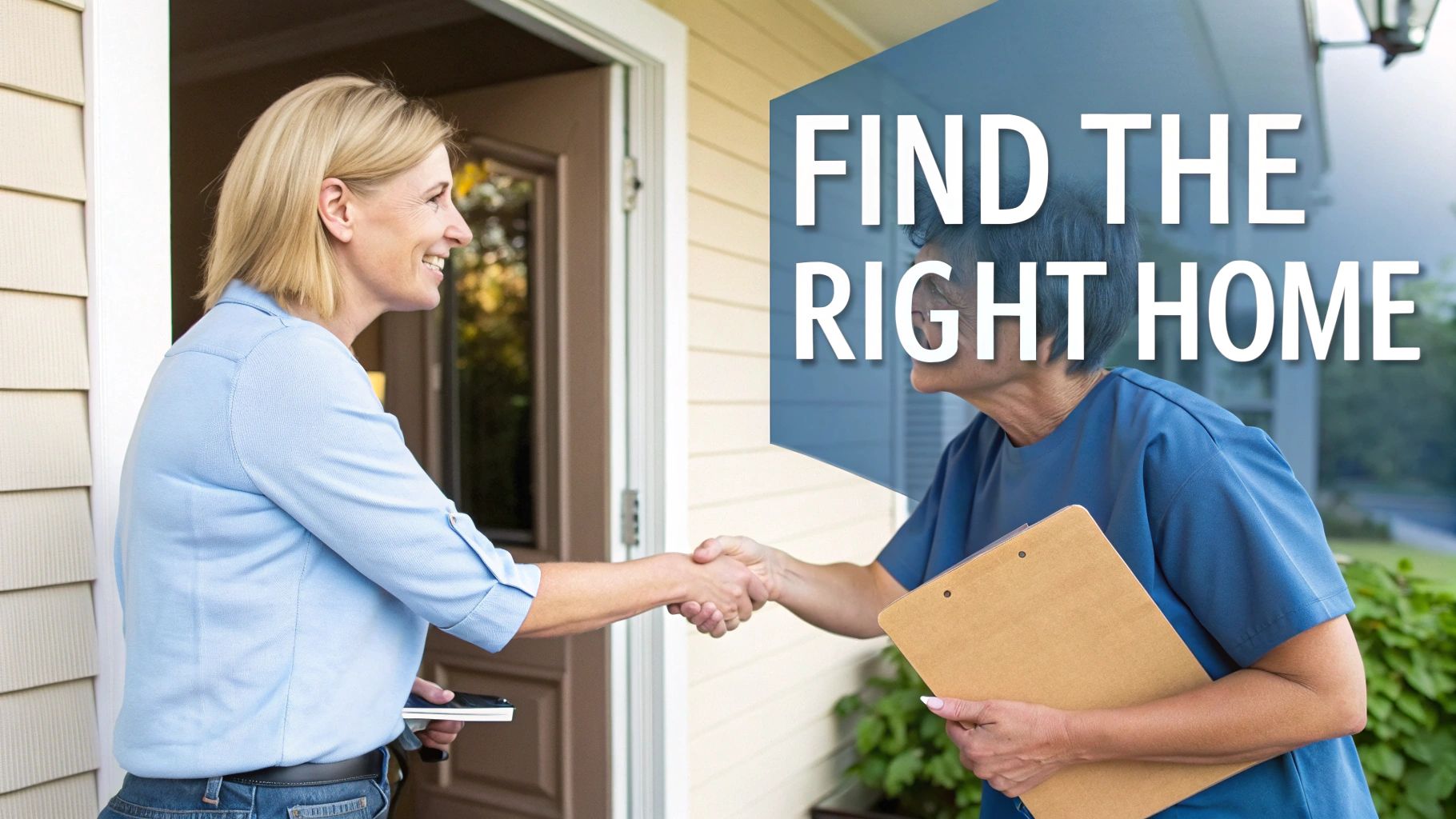 A professional woman warmly shakes hands with a new resident at the front door of a welcoming home.