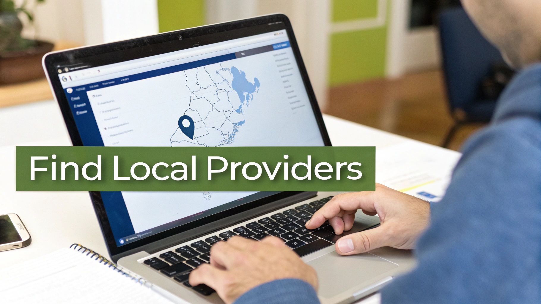 Person using laptop to search for local mental health providers on interactive map interface