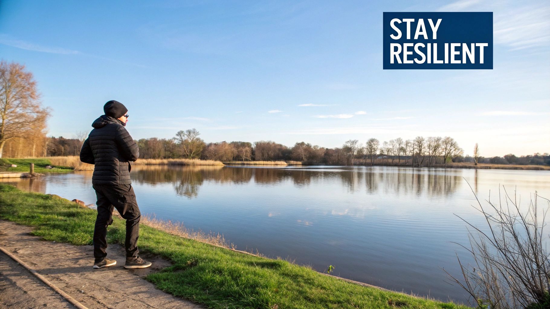 A person offering a supportive hand to another who is sitting down, looking distressed.