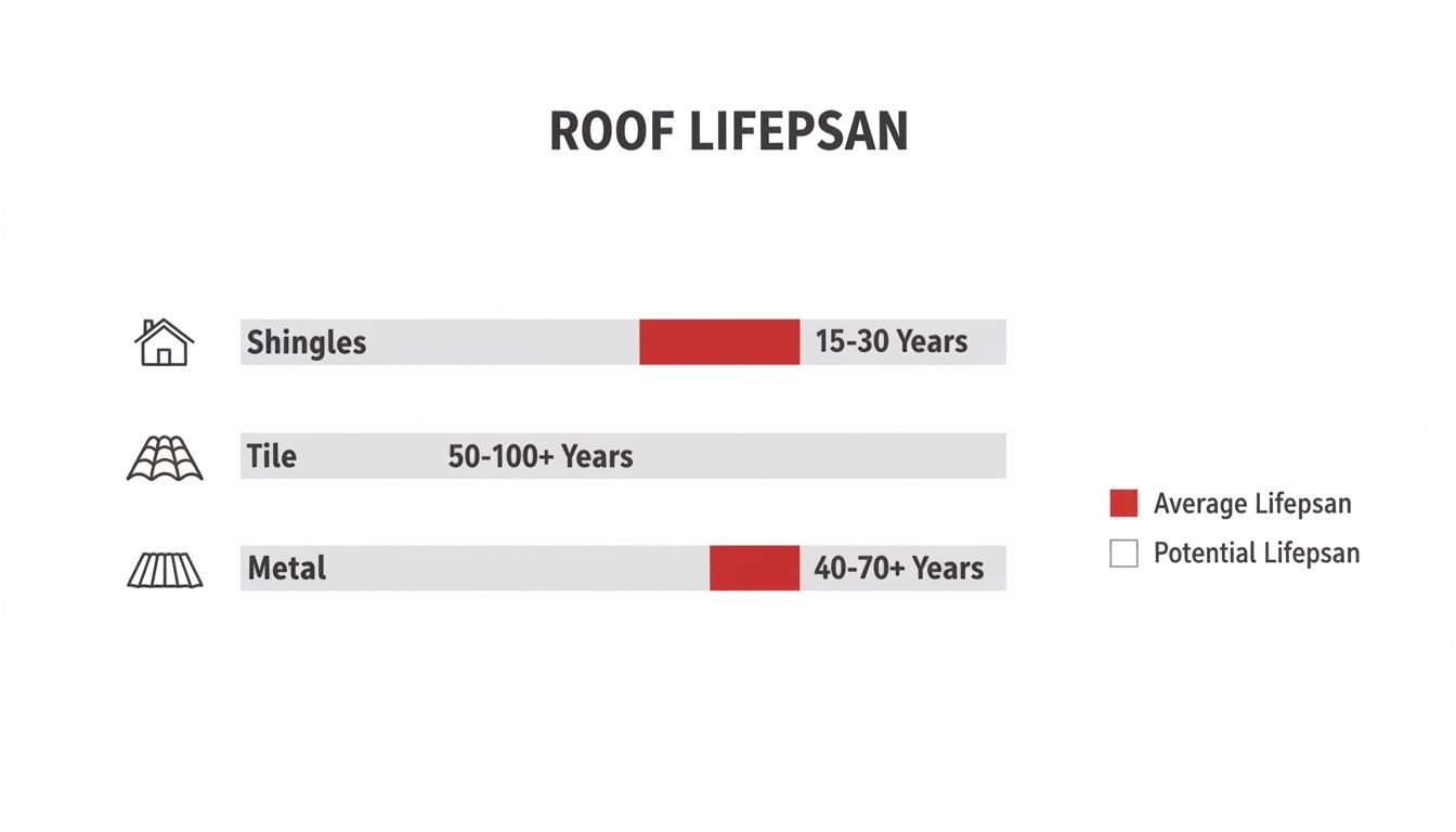 Infographic showing average and potential lifespans for shingle, tile, and metal roofs.