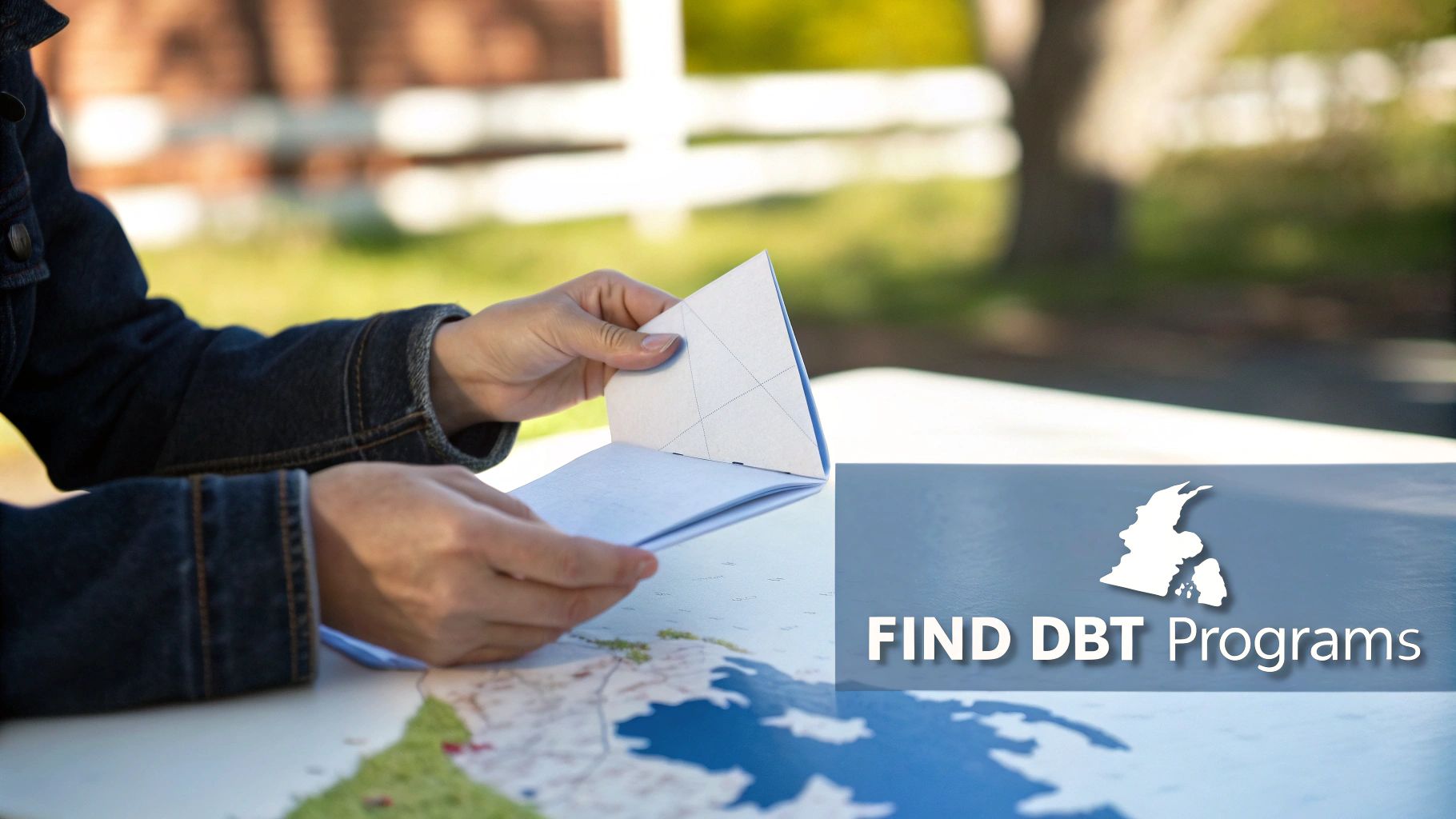 Close-up of hands holding an open booklet above a map, with a 'FIND DBT Programs' overlay.