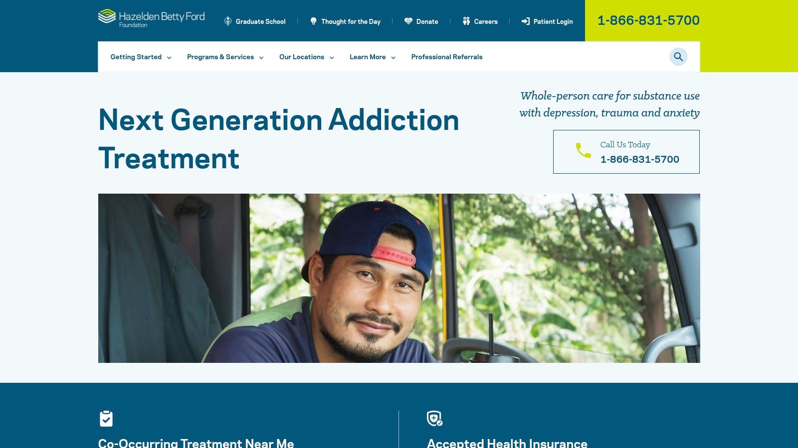 A screenshot of the Hazelden Betty Ford Foundation website homepage, showing navigation to treatment options.