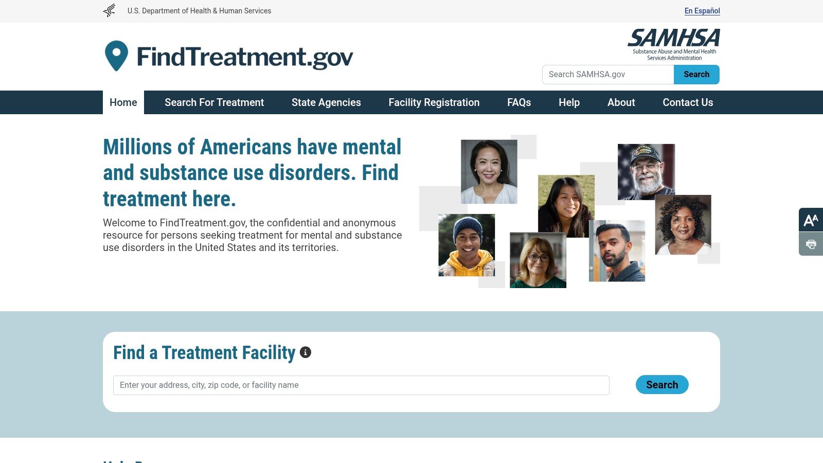 A screenshot of the FindTreatment.gov website, showing a search bar for location and filtering options for treatment types.