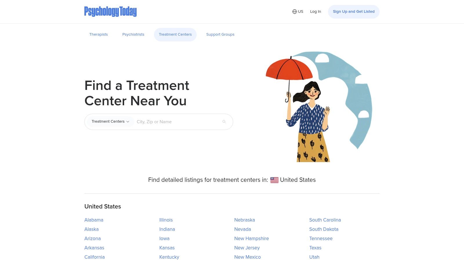 A screenshot of the Psychology Today Treatment Centers Directory, showing various facility listings with photos and brief descriptions for easy comparison.