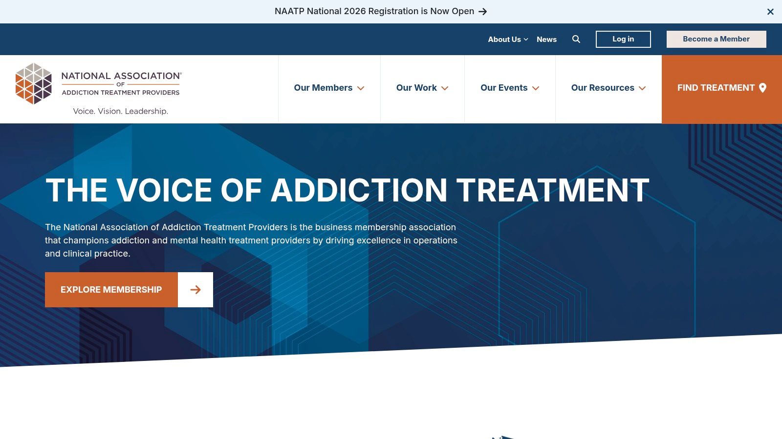 A screenshot of the NAATP website homepage, showing the main navigation and a welcoming message about their mission.