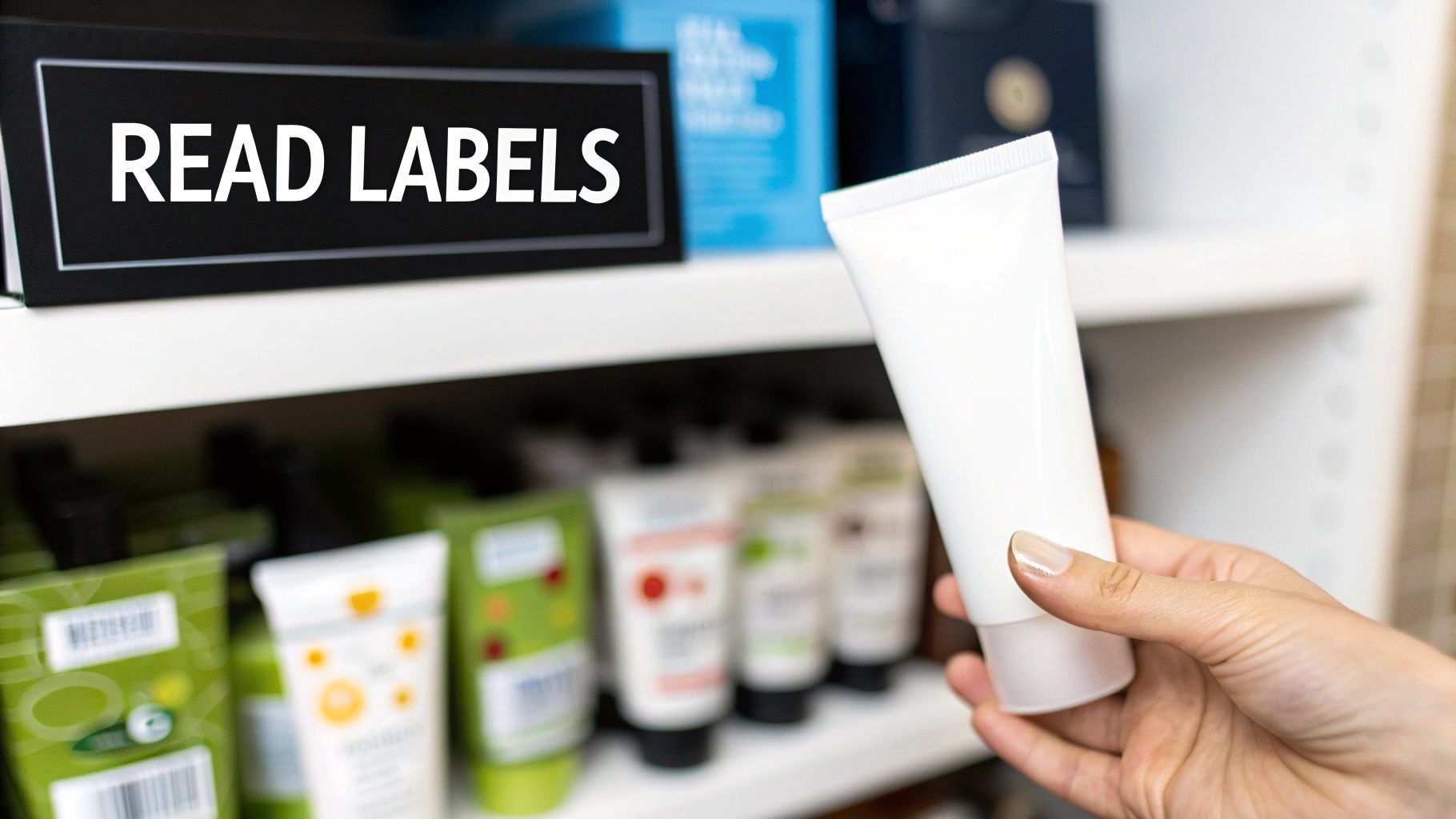 A hand holds a white cosmetic tube, with a "READ LABELS" sign and blurred products on shelves in the background.