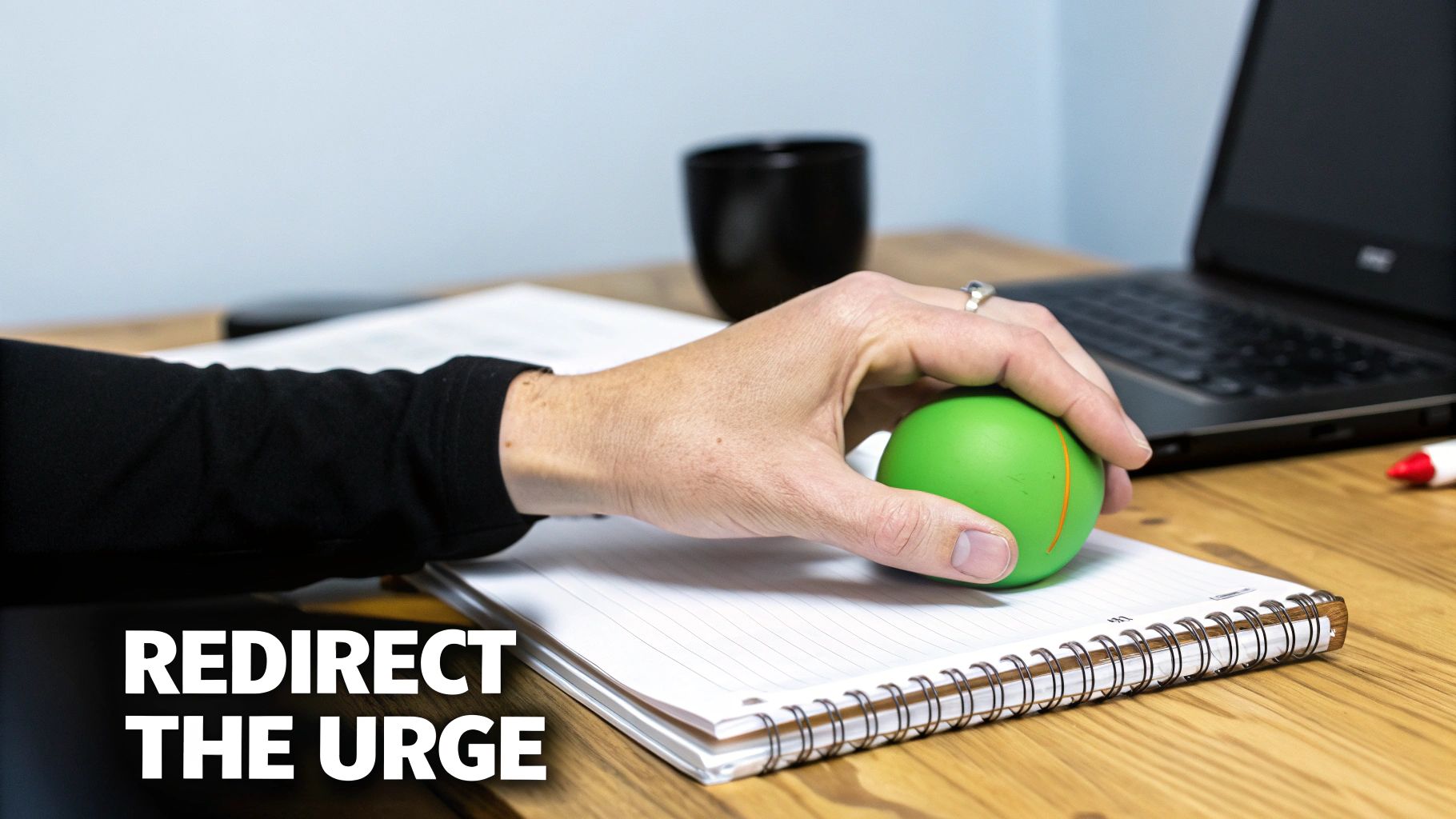 Person using green stress ball at desk to redirect face-touching urge while working