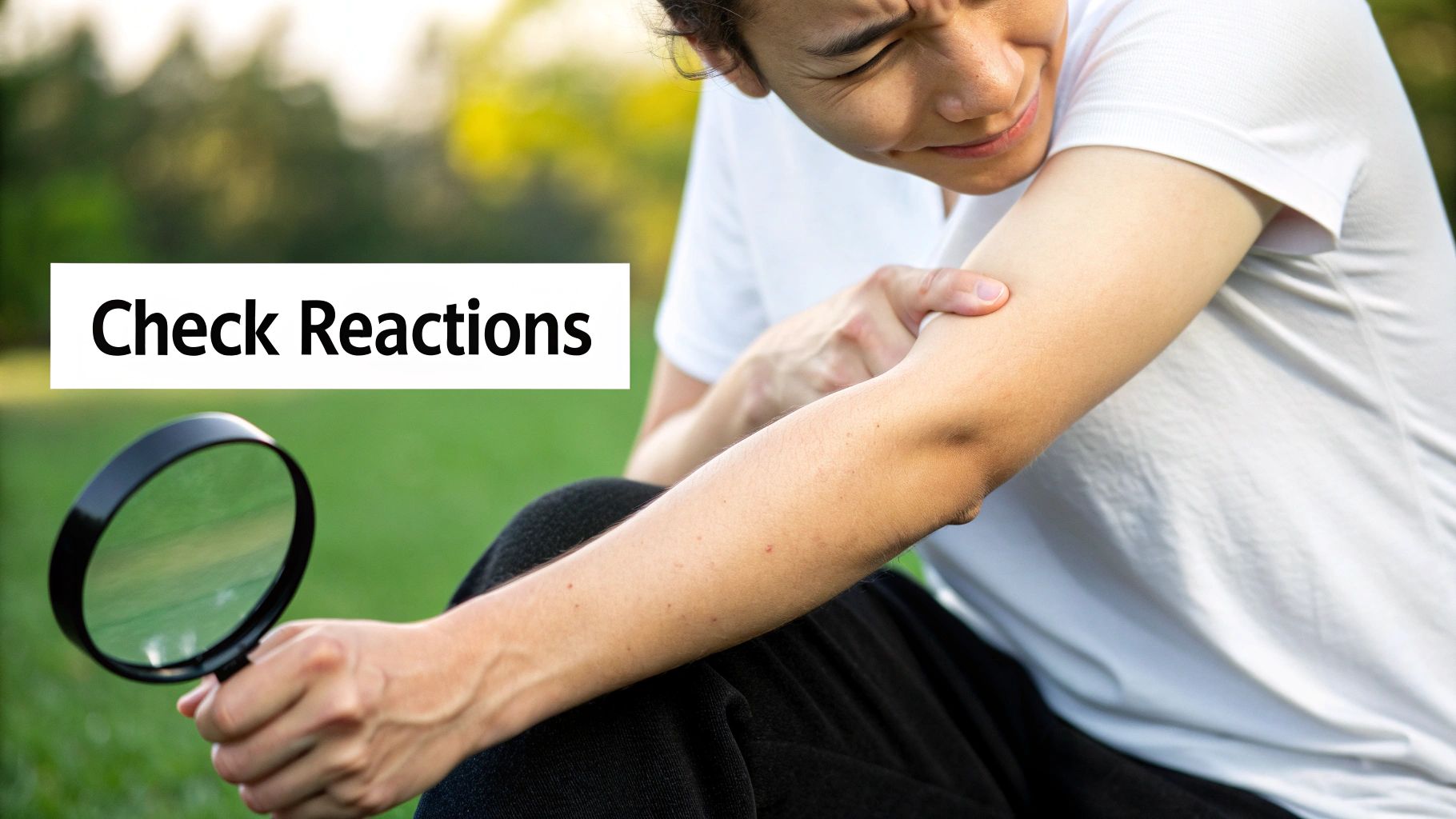 A person closely examining the skin on their inner arm