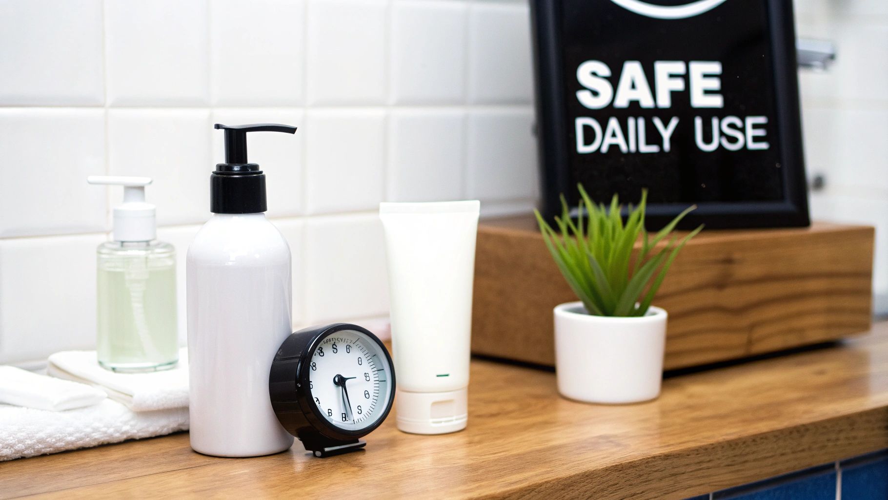 Bathroom counter with skincare bottles, a clock, and a plant next to a 'SAFE DAILY USE' sign.