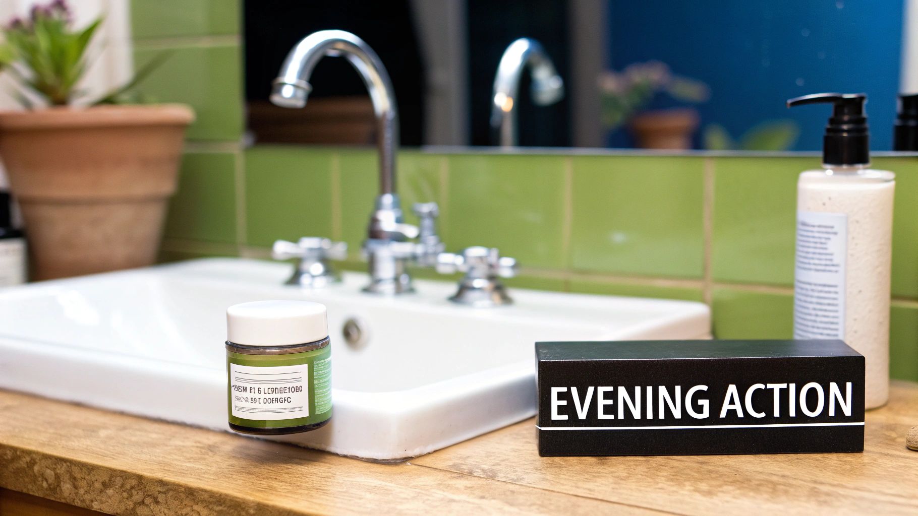 A woman applying a skincare product to her face in the evening