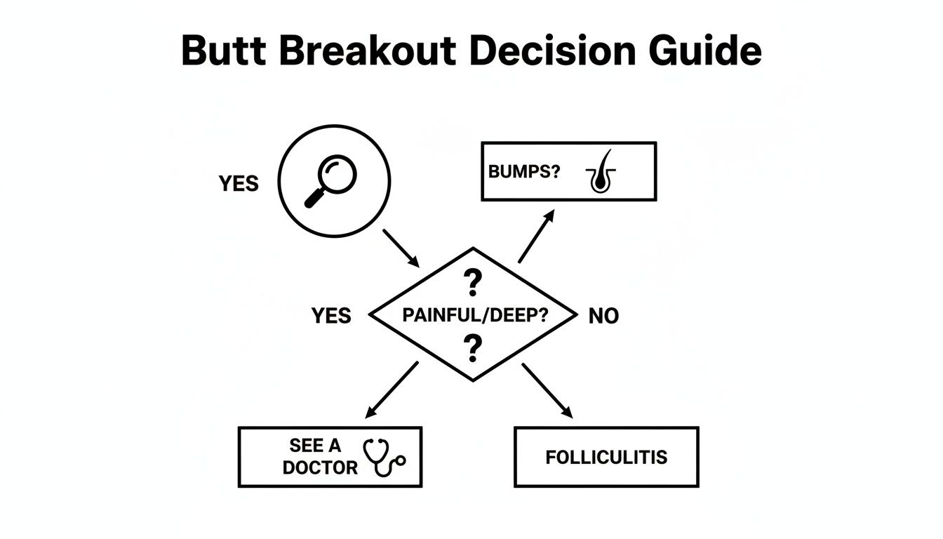 Flowchart decision guide for butt breakouts, asking about bumps, pain, and depth, leading to self-diagnosis or doctor visit.