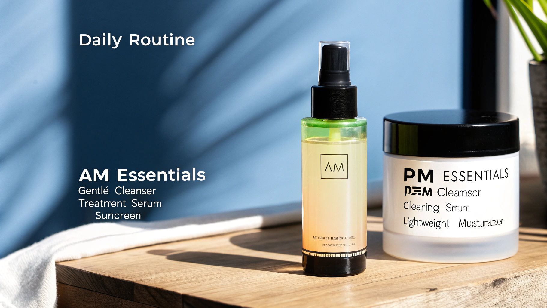 Skincare products for a daily routine, featuring AM Essentials and PM Essentials cleansers, serums, and moisturizer.
