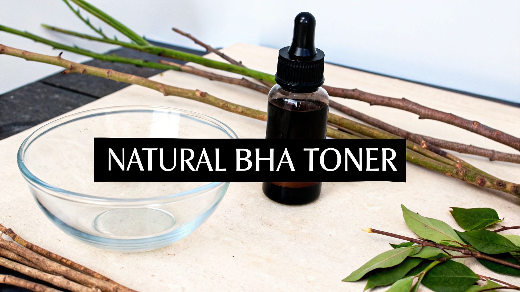 A dropper bottle and glass bowl on a counter with branches, featuring text 'NATURAL BHA TONER'.