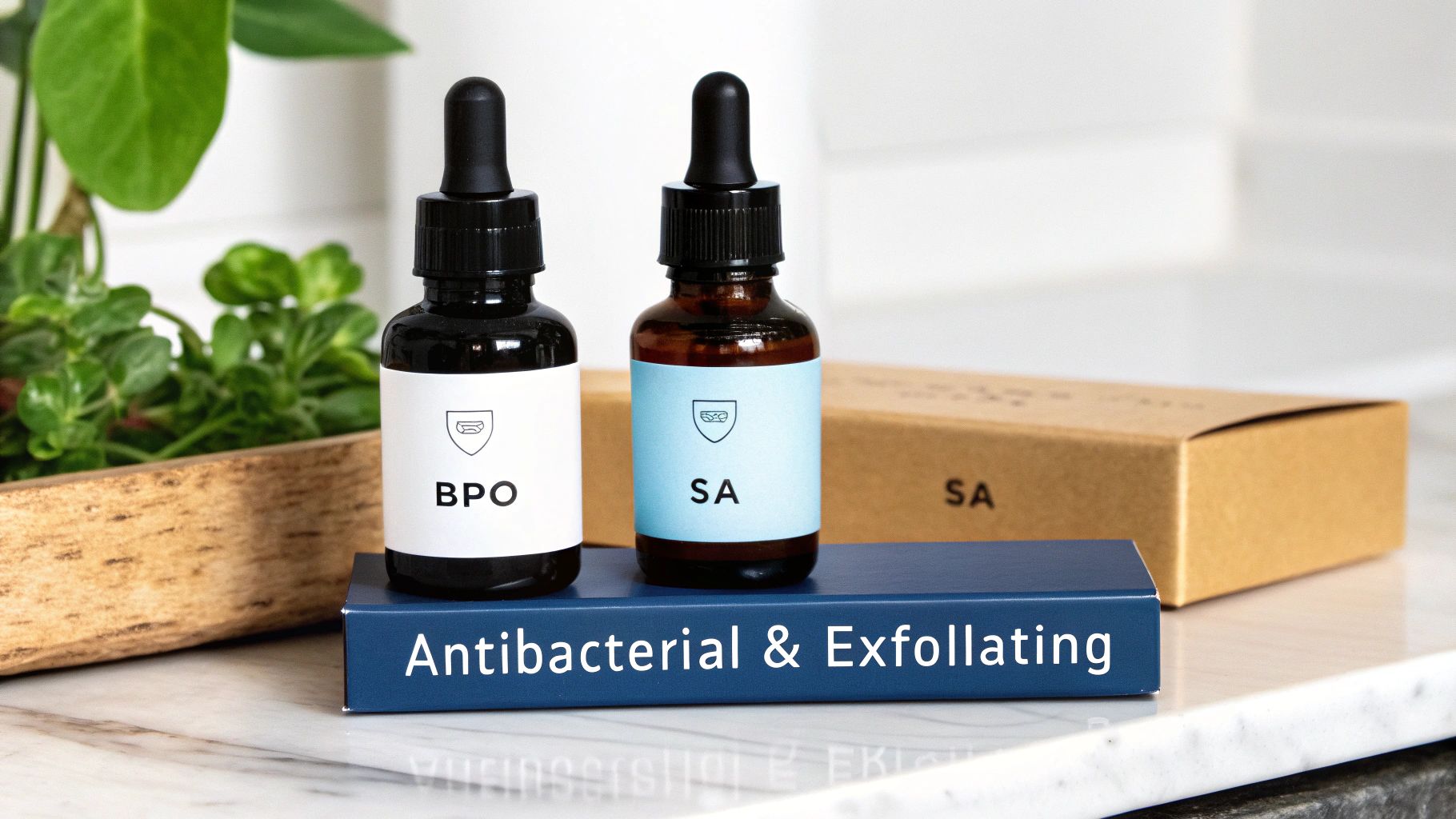 Two bottles of skincare product next to a white flower
