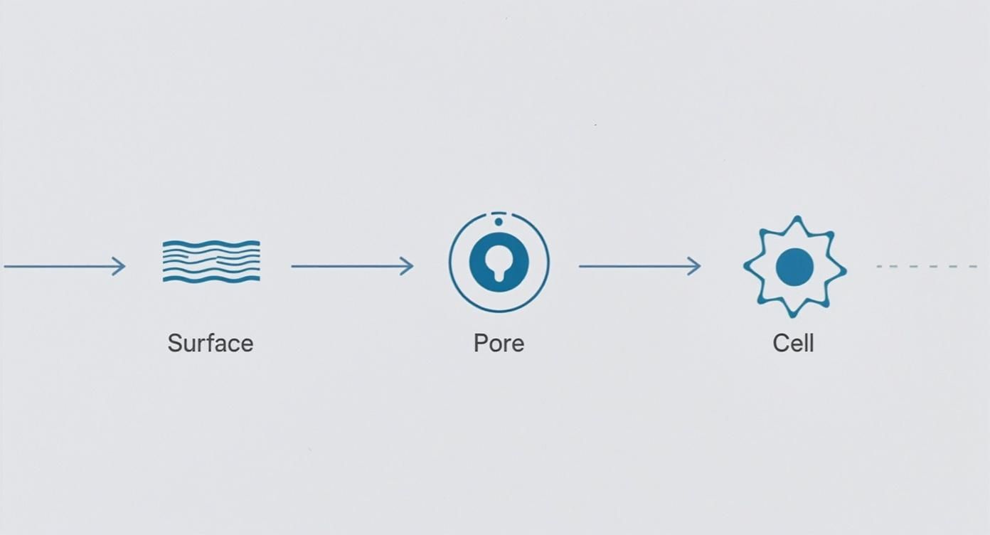 A blue scientific diagram illustrating the progression from a surface, through a pore, to a cell.