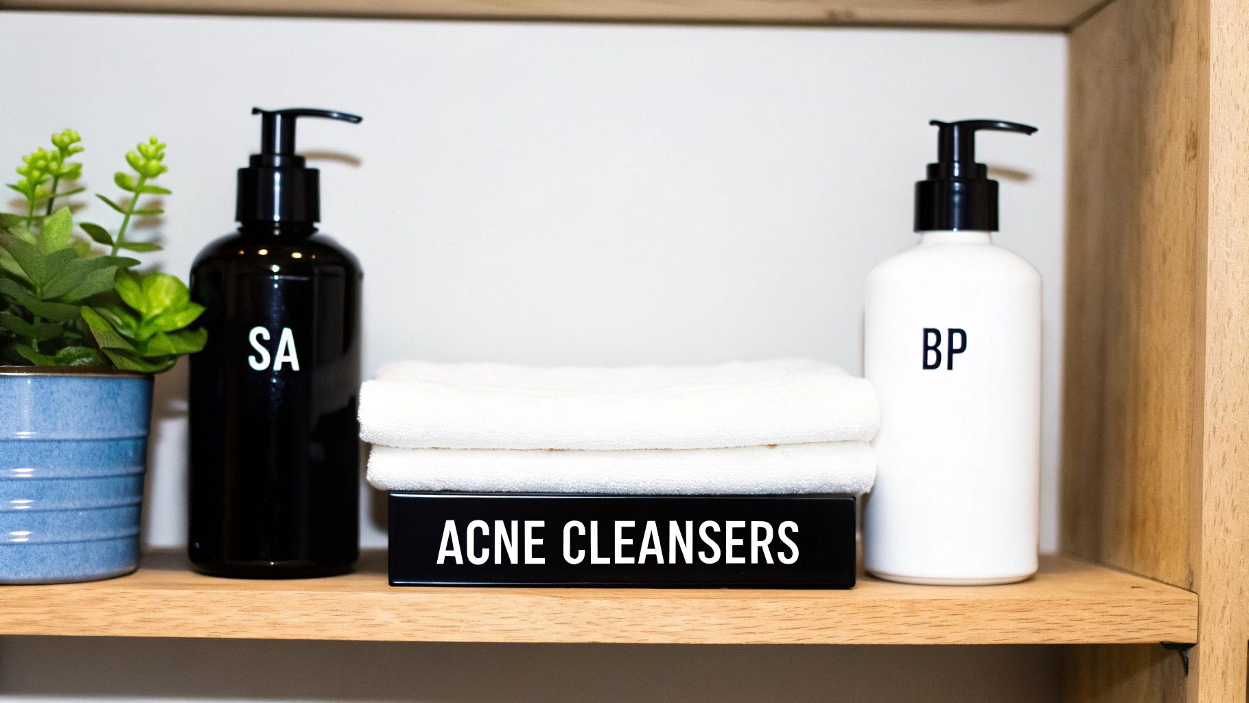A bottle of Neutralyze face wash next to a salicylic acid and benzoyl peroxide face wash, with a blurred background showing green foliage.