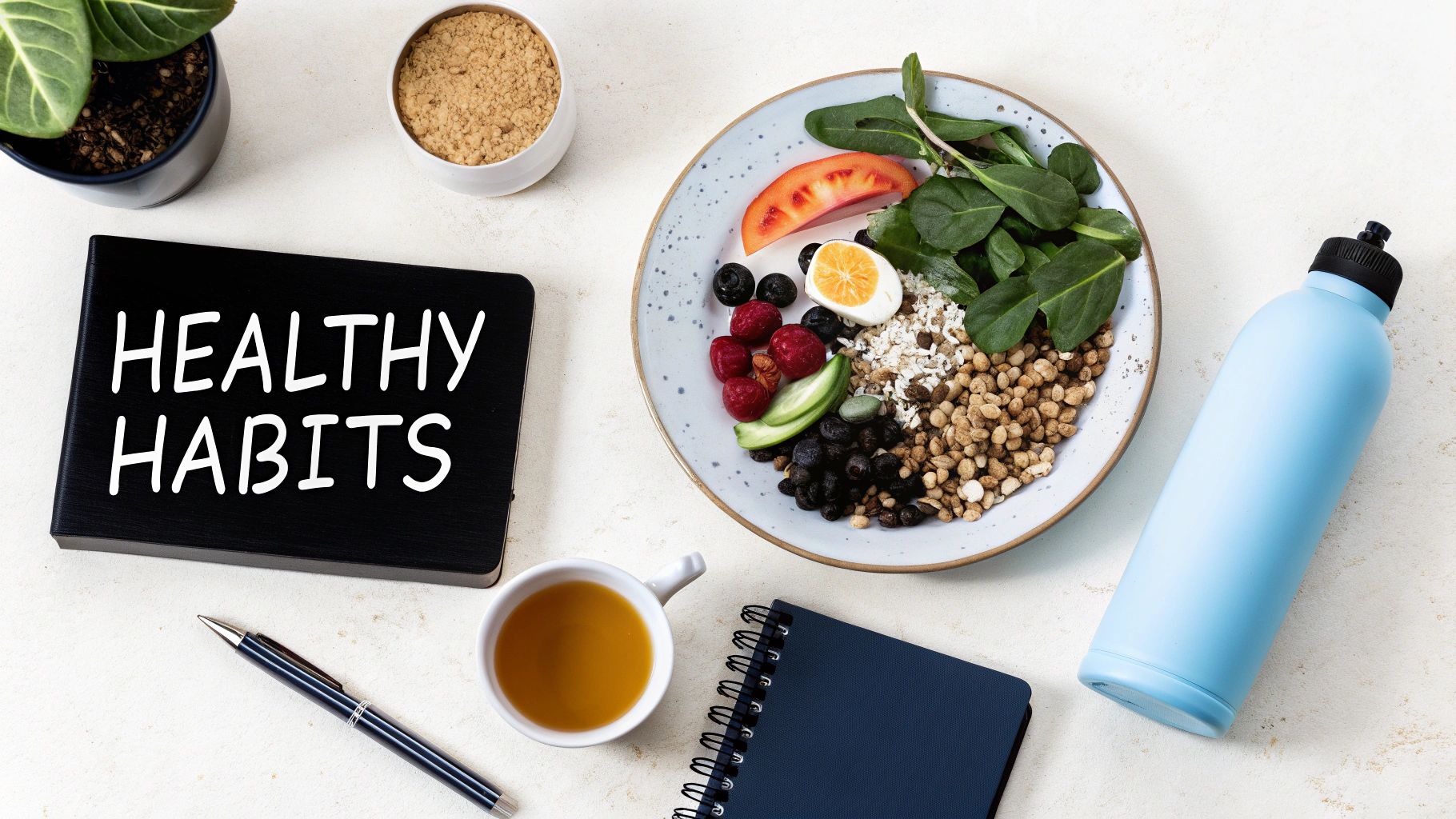 A flat lay displaying healthy food, a water bottle, and a 'Healthy Habits' sign on a desk.