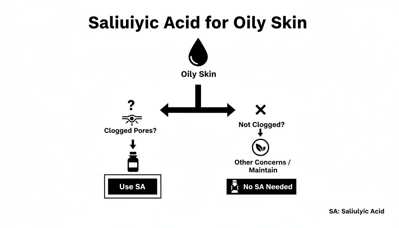 Flowchart guiding the use of Salicylic Acid for oily skin based on clogged pores.