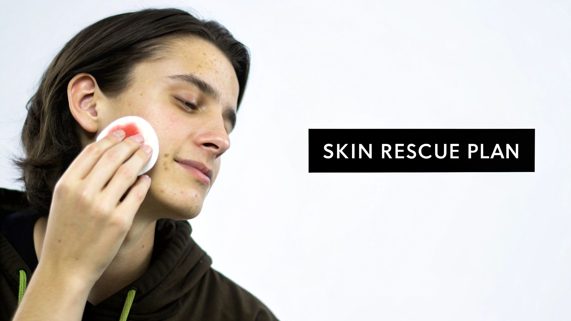 A young person with freckles applies a red-stained cotton pad to their cheek, with "SKIN RESCUE PLAN" text.