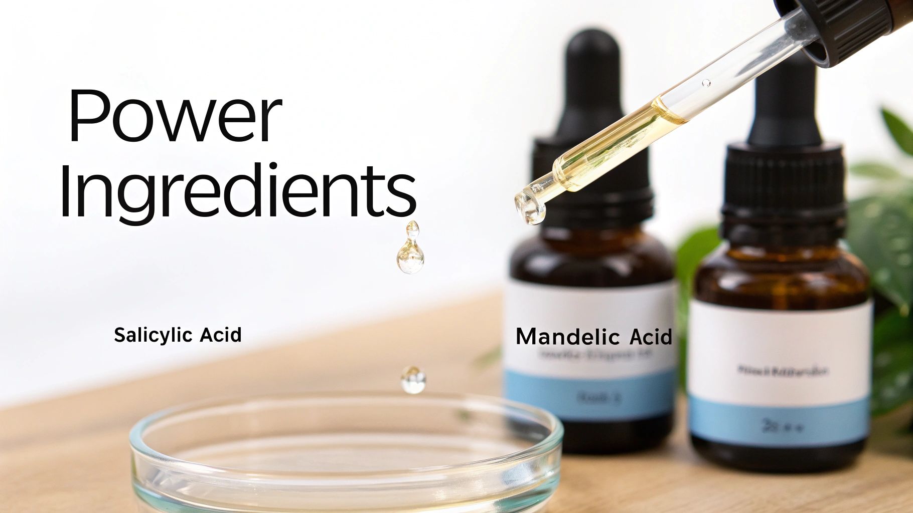 Two skincare dropper bottles featuring Salicylic Acid and Mandelic Acid, with liquid dropping into a petri dish.
