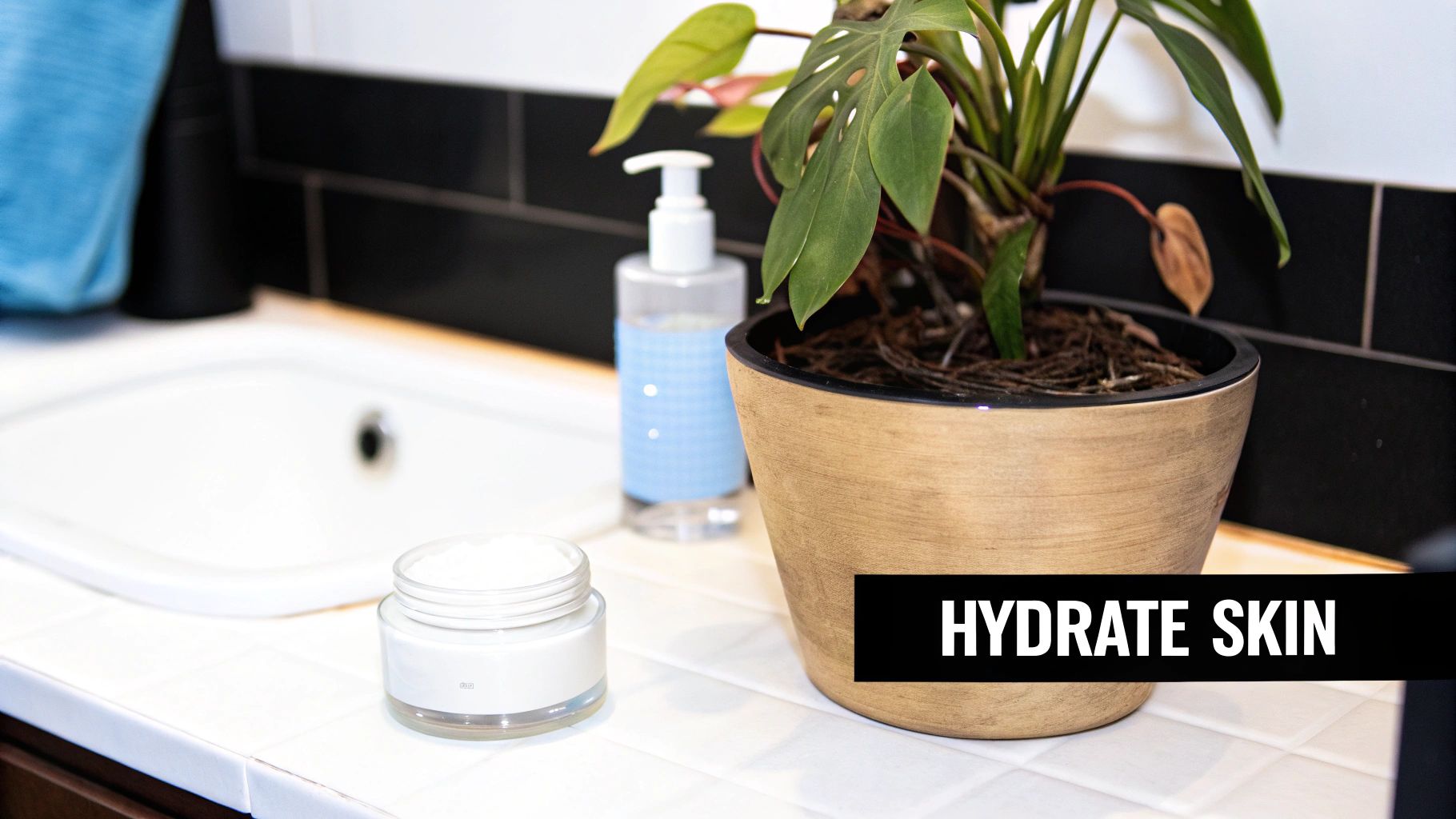 A bathroom counter featuring a white sink, a jar of face cream, a soap pump, and a potted plant, with text 'HYDRATE SKIN'.