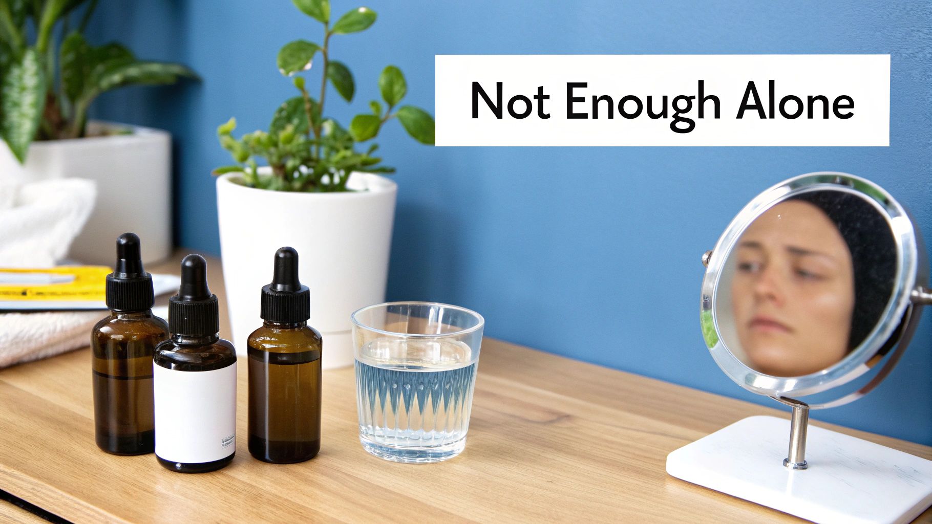 Three amber dropper bottles, a glass of water, and a woman's reflection in a mirror on a wooden table.