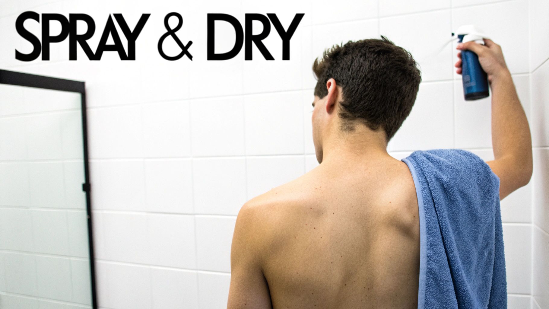 A woman applies salicylic acid spray to her shoulder in a bathroom setting.