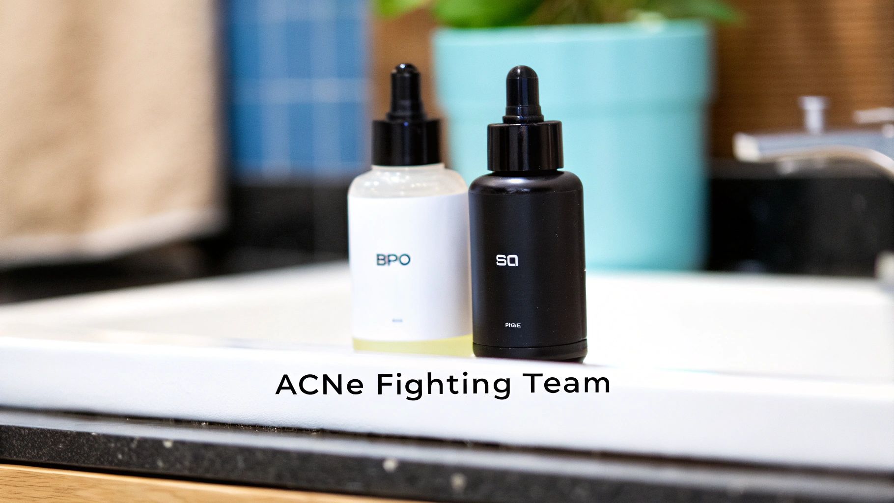 Two skincare dropper bottles, one white (BPO) and one black (SQ), for acne treatment.