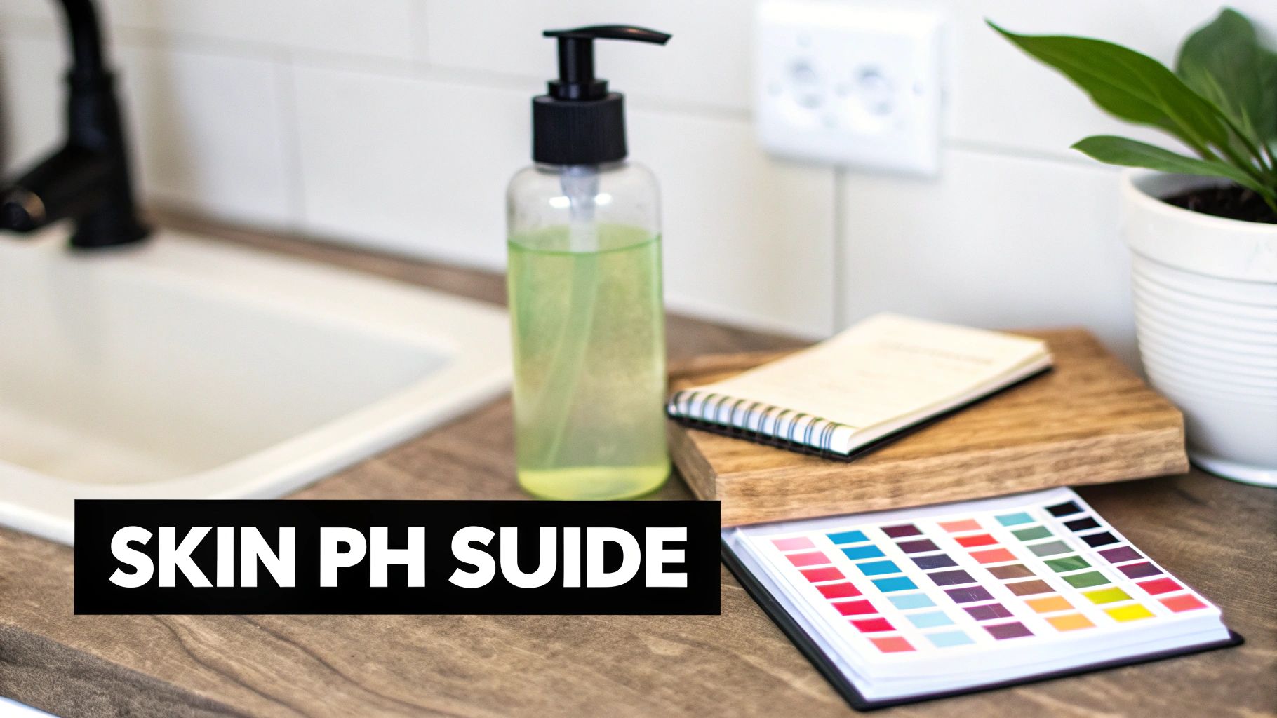A simplified visual guide to the pH scale, showing where healthy skin, alkaline products, and acidic substances fall.