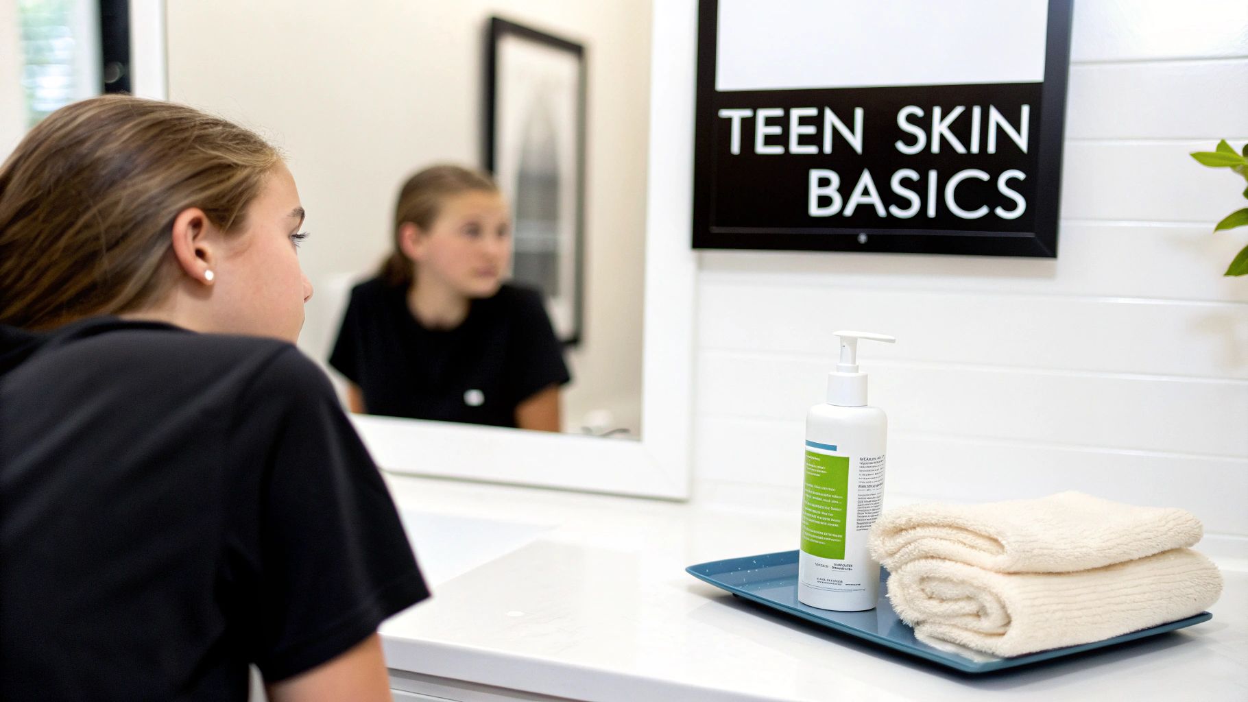 Teen girl looking in a bathroom mirror, with skincare products and towels on the counter, and a 'Teen Skin Basics' sign on the wall.