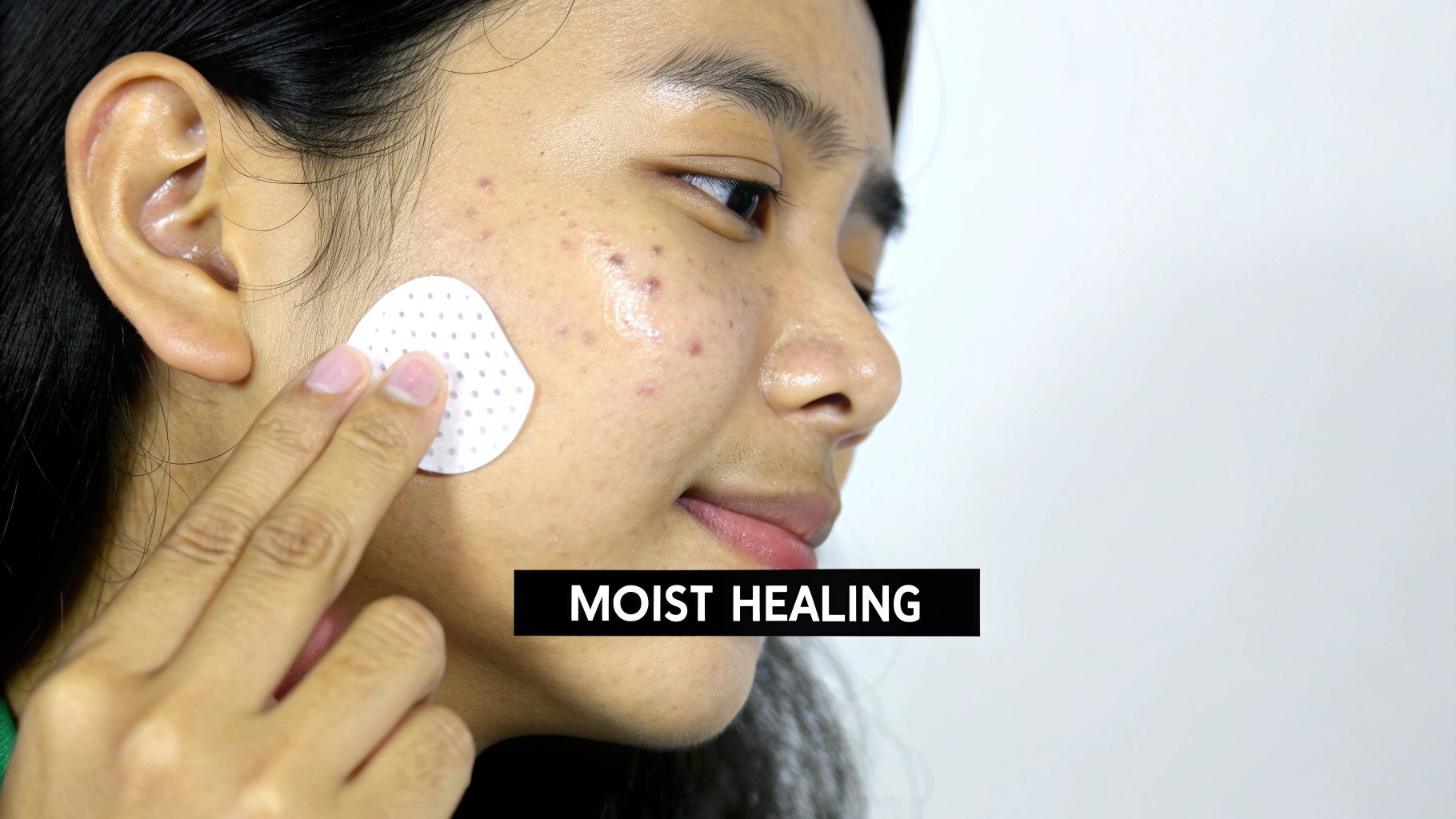 A close-up of a person applying a facial pad to their cheek with acne, with "MOIST HEALING" text.