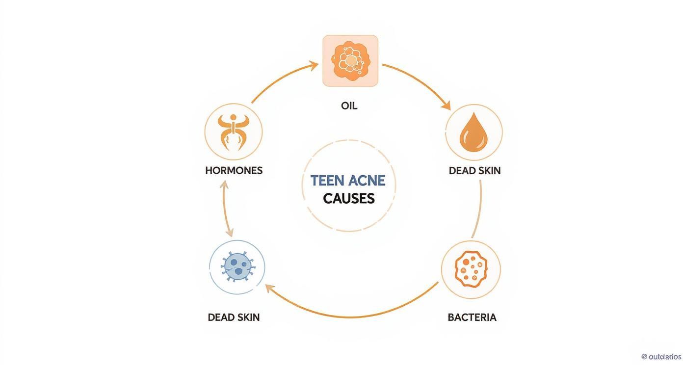 A diagram illustrating the cyclical causes of teen acne, including hormones, oil, dead skin, and bacteria.