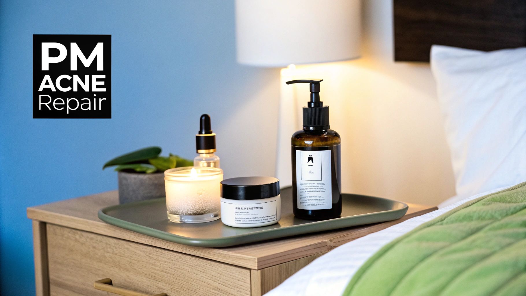 A PM Acne Repair routine featuring skincare products, a lit candle, and a plant on a wooden nightstand.