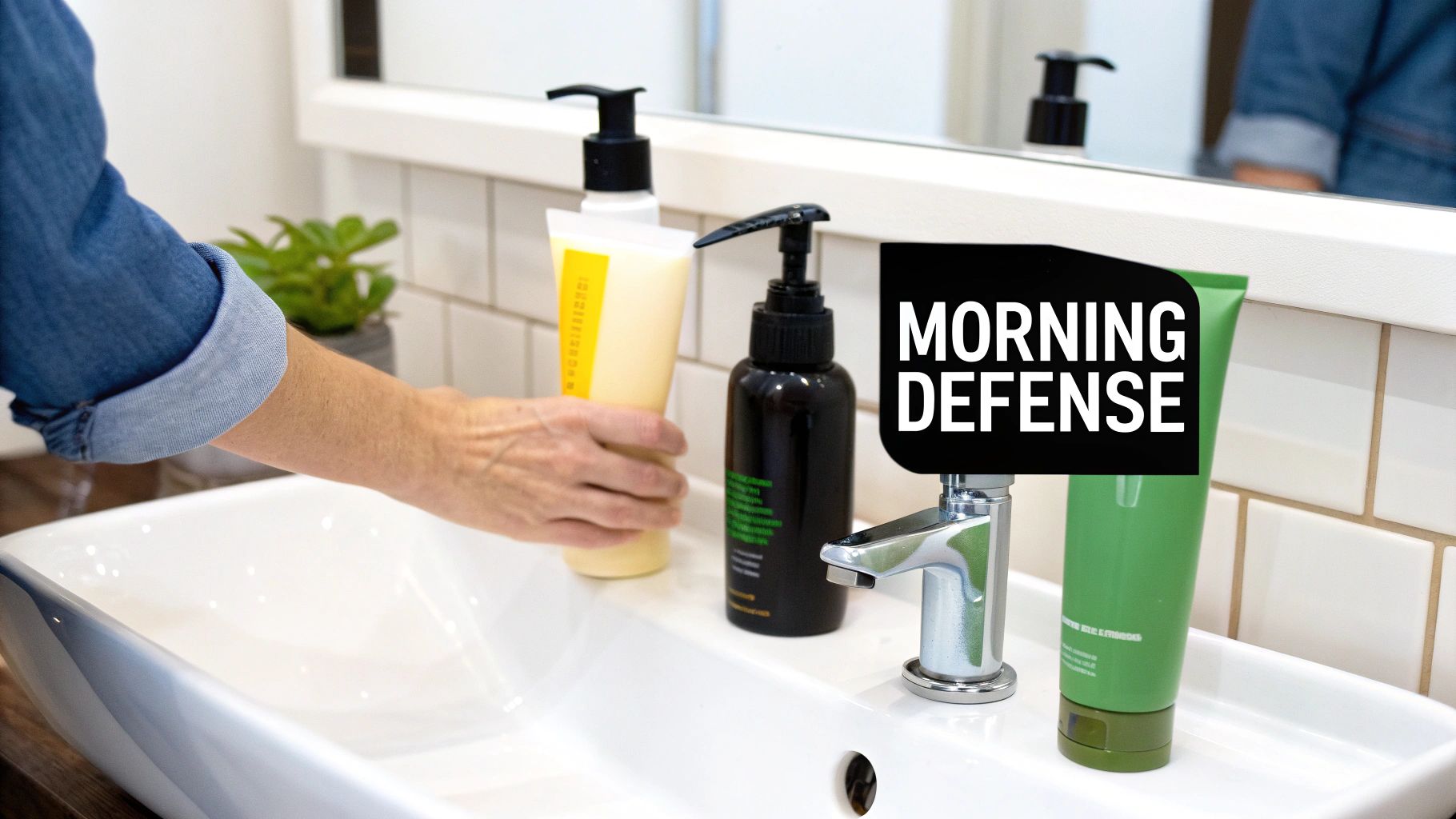 Person's arm reaching for a yellow skincare product on a bathroom sink, with other items.