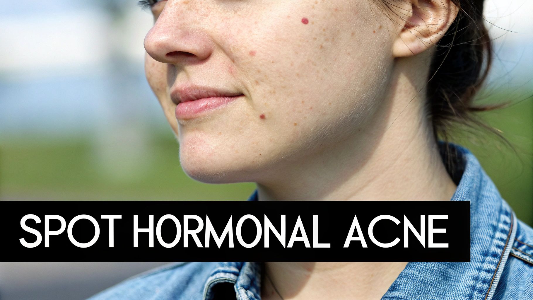 Close-up of woman's face showing hormonal acne breakouts on cheeks and chin area outdoors