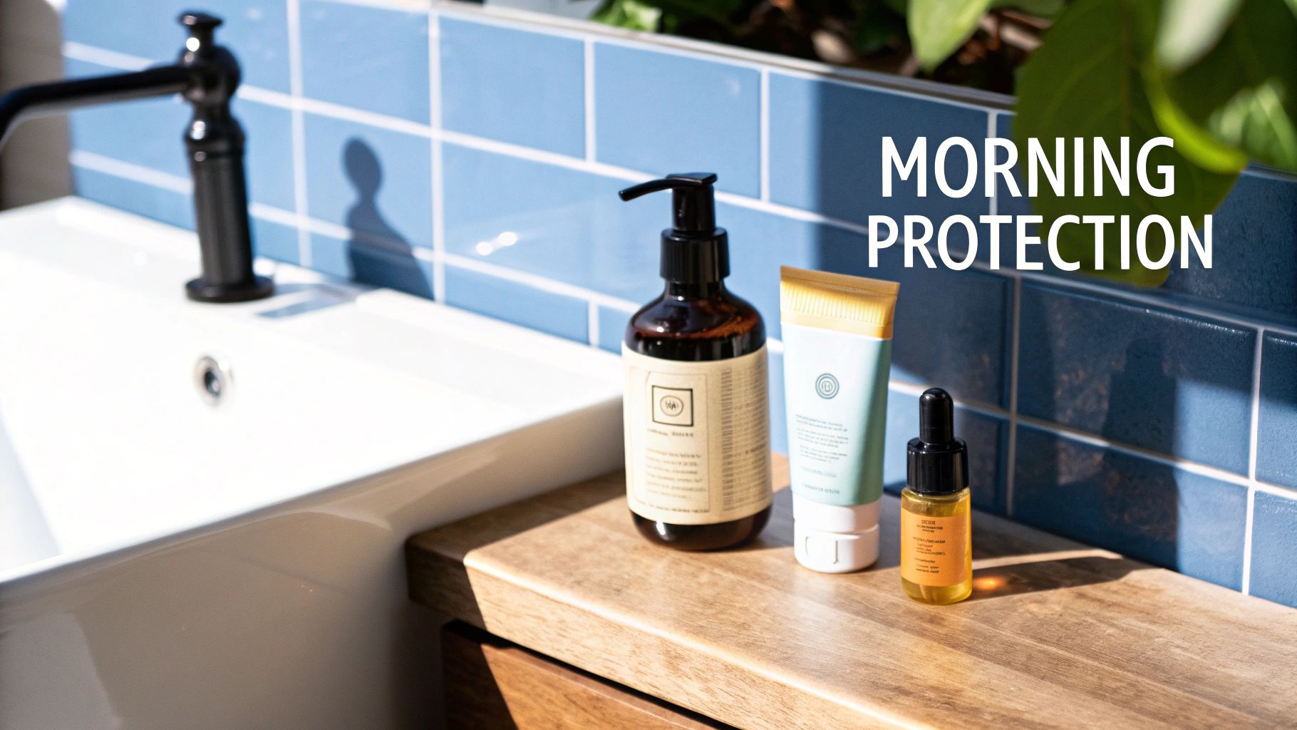 Three skincare products, a lotion, cream, and serum, arranged on a wooden bathroom counter with blue tiles.